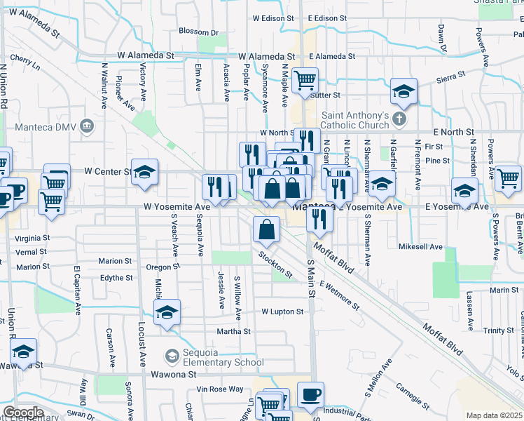 map of restaurants, bars, coffee shops, grocery stores, and more near 312 West Yosemite Avenue in Manteca