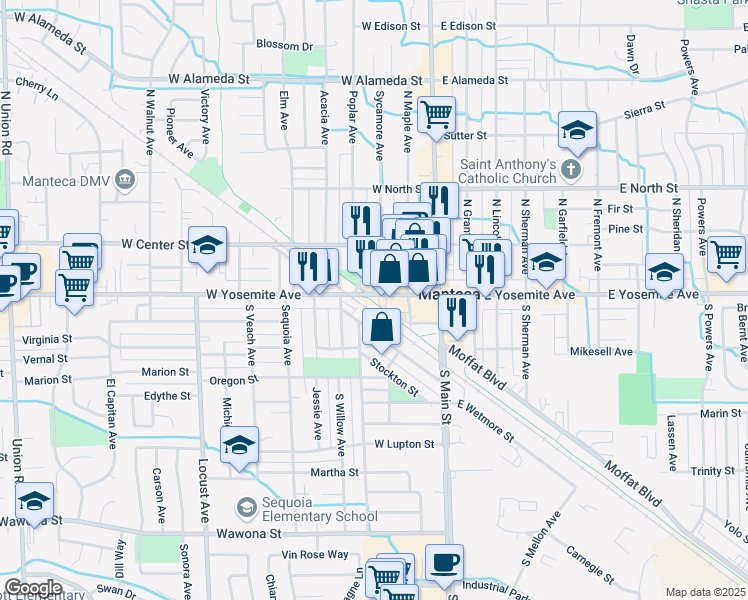 map of restaurants, bars, coffee shops, grocery stores, and more near 312 West Yosemite Avenue in Manteca