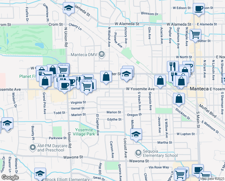 map of restaurants, bars, coffee shops, grocery stores, and more near 842 West Yosemite Avenue in Manteca