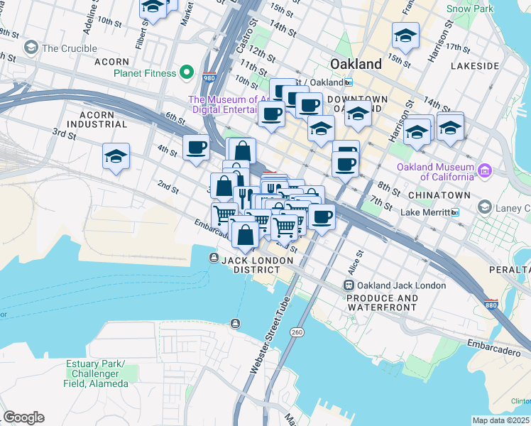 map of restaurants, bars, coffee shops, grocery stores, and more near in Oakland