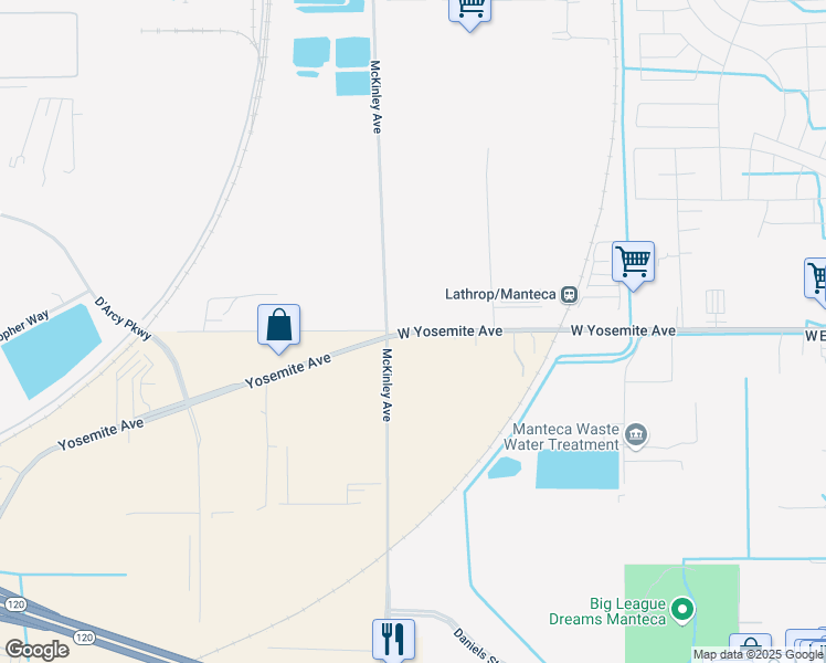 map of restaurants, bars, coffee shops, grocery stores, and more near 3091 West Yosemite Avenue in Manteca