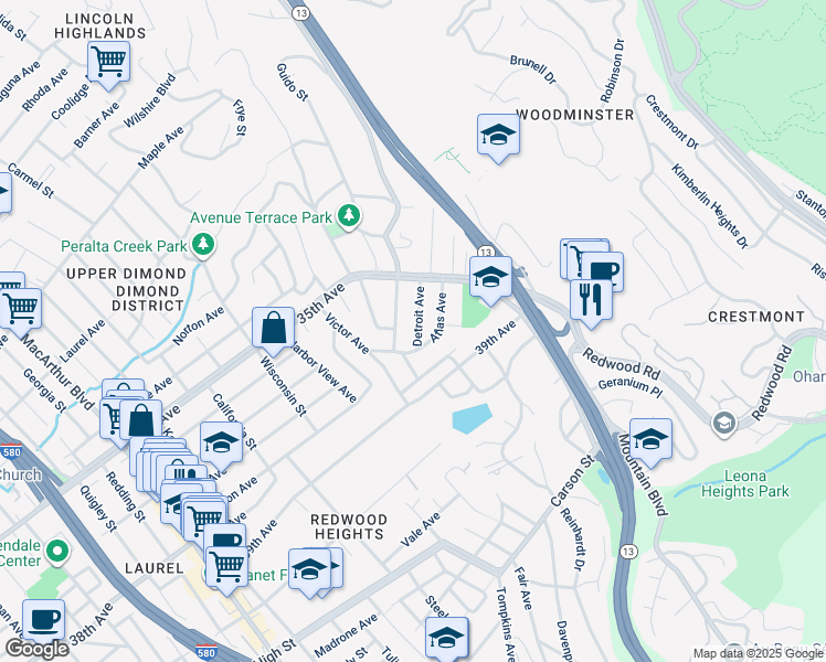 map of restaurants, bars, coffee shops, grocery stores, and more near 4225 Detroit Avenue in Oakland