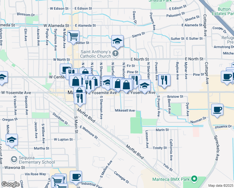 map of restaurants, bars, coffee shops, grocery stores, and more near 106 South Garfield Avenue in Manteca