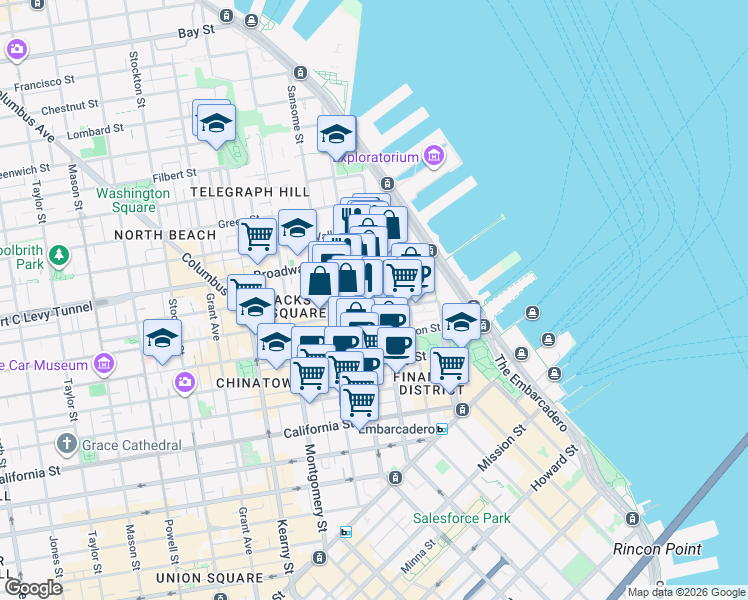 map of restaurants, bars, coffee shops, grocery stores, and more near 615 Front Street in San Francisco