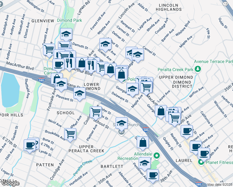 map of restaurants, bars, coffee shops, grocery stores, and more near 2848 Delaware Street in Oakland