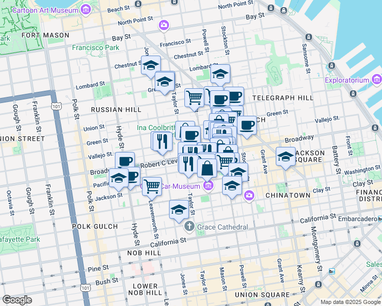 map of restaurants, bars, coffee shops, grocery stores, and more near 968 Broadway in San Francisco