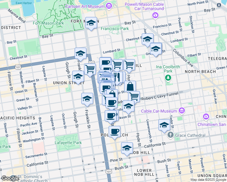 map of restaurants, bars, coffee shops, grocery stores, and more near 1444 Vallejo Street in San Francisco