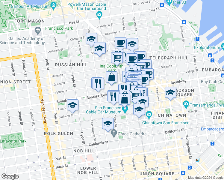 map of restaurants, bars, coffee shops, grocery stores, and more near 1610 Taylor Street in San Francisco