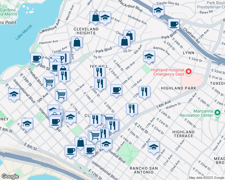 map of restaurants, bars, coffee shops, grocery stores, and more near 2125 10th Avenue in Oakland