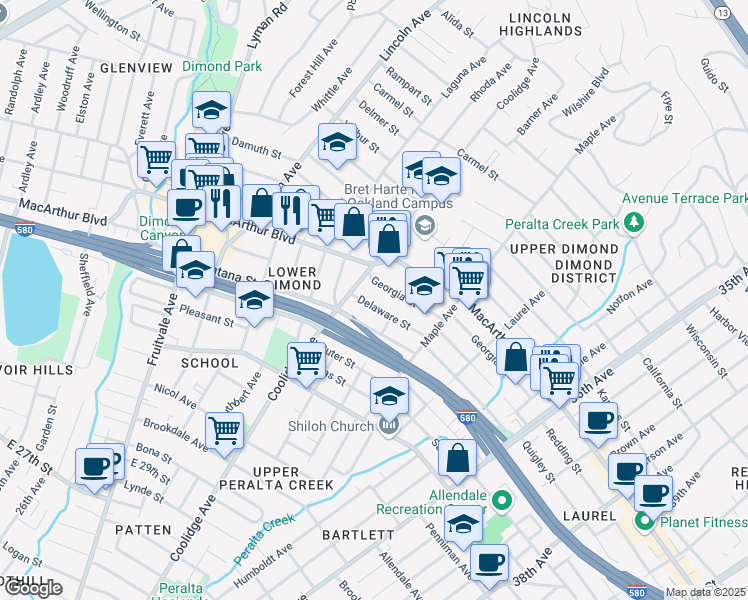 map of restaurants, bars, coffee shops, grocery stores, and more near 2848 Delaware Street in Oakland