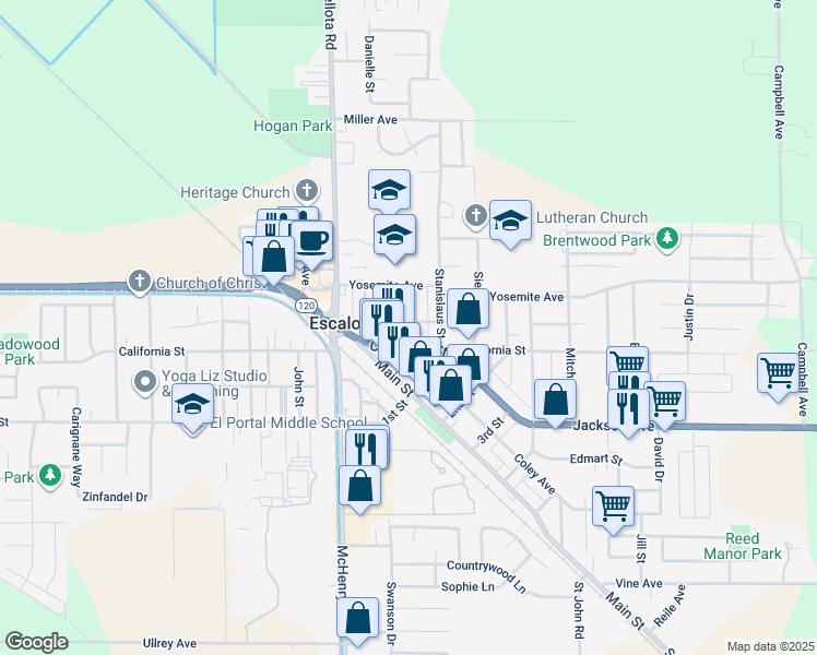 map of restaurants, bars, coffee shops, grocery stores, and more near 1512 California Street in Escalon