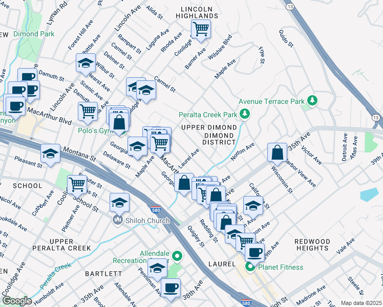 map of restaurants, bars, coffee shops, grocery stores, and more near 3676 Laurel Avenue in Oakland