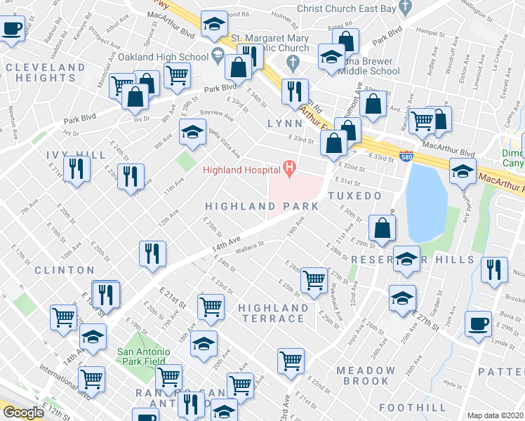 map of restaurants, bars, coffee shops, grocery stores, and more near 2704 14th Avenue in Oakland