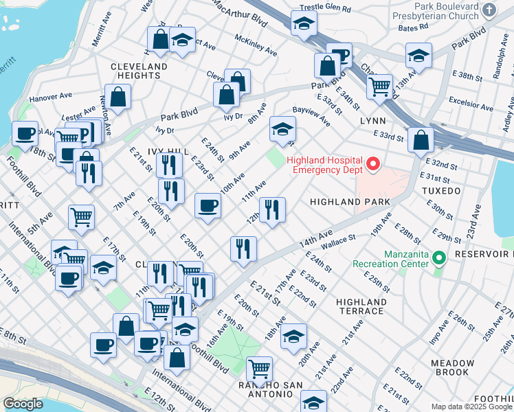 map of restaurants, bars, coffee shops, grocery stores, and more near 2321 12th Avenue in Oakland