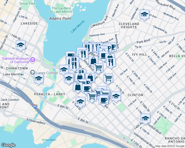 map of restaurants, bars, coffee shops, grocery stores, and more near 428 East 15th Street in Oakland
