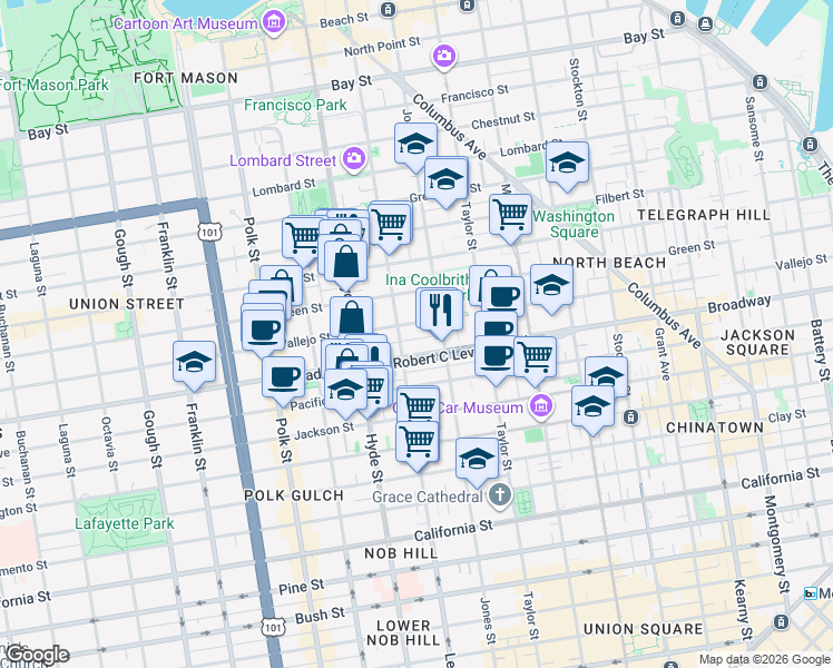 map of restaurants, bars, coffee shops, grocery stores, and more near in San Francisco