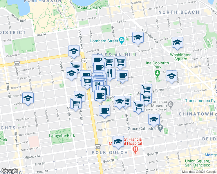 map of restaurants, bars, coffee shops, grocery stores, and more near 1440 Vallejo Street in San Francisco