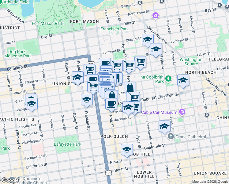 map of restaurants, bars, coffee shops, grocery stores, and more near 1440 Vallejo Street in San Francisco