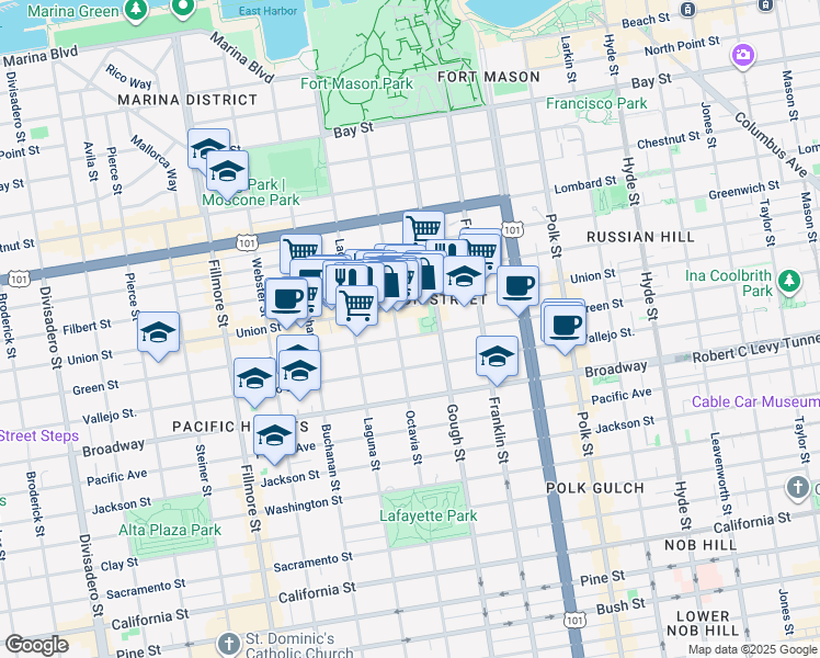 map of restaurants, bars, coffee shops, grocery stores, and more near 1779 Green Street in San Francisco