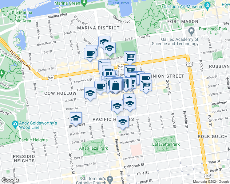 map of restaurants, bars, coffee shops, grocery stores, and more near 2914 Fillmore Street in San Francisco