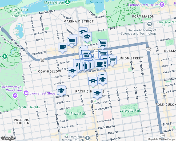 map of restaurants, bars, coffee shops, grocery stores, and more near in San Francisco