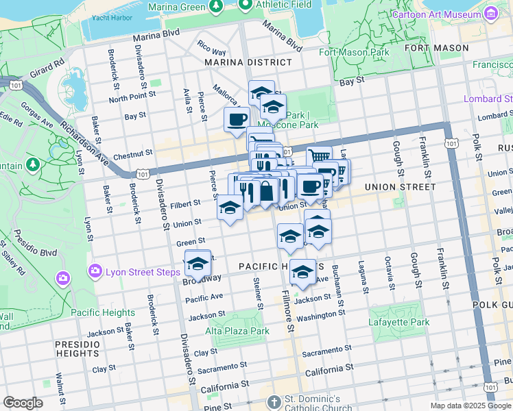 map of restaurants, bars, coffee shops, grocery stores, and more near in San Francisco