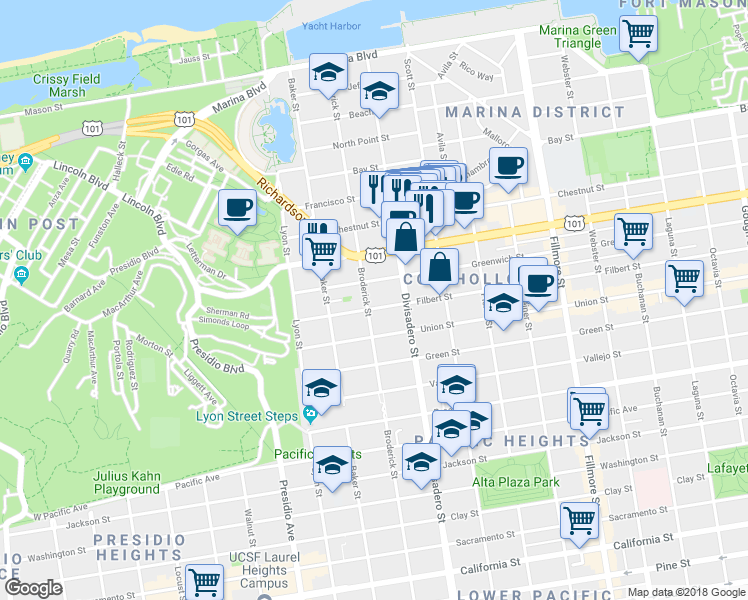 map of restaurants, bars, coffee shops, grocery stores, and more near 2674 Filbert Street in San Francisco
