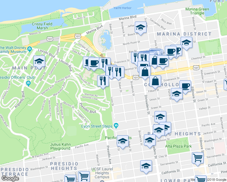 map of restaurants, bars, coffee shops, grocery stores, and more near 2850 Filbert Street in San Francisco