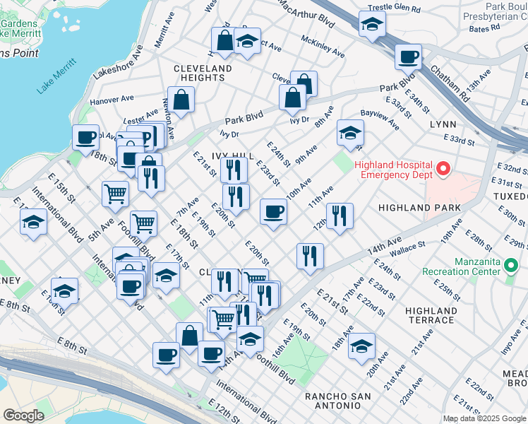 map of restaurants, bars, coffee shops, grocery stores, and more near 2125 10th Avenue in Oakland