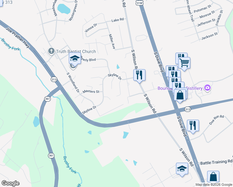 map of restaurants, bars, coffee shops, grocery stores, and more near 136 Joy Court in Radcliff