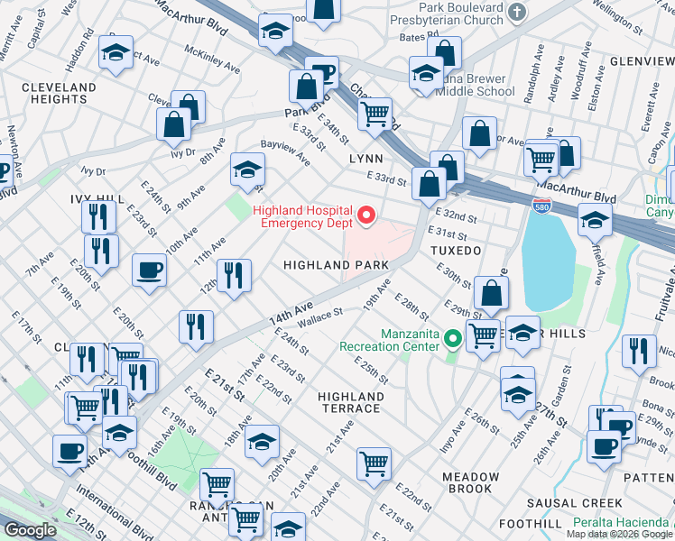 map of restaurants, bars, coffee shops, grocery stores, and more near 2704 14th Avenue in Oakland