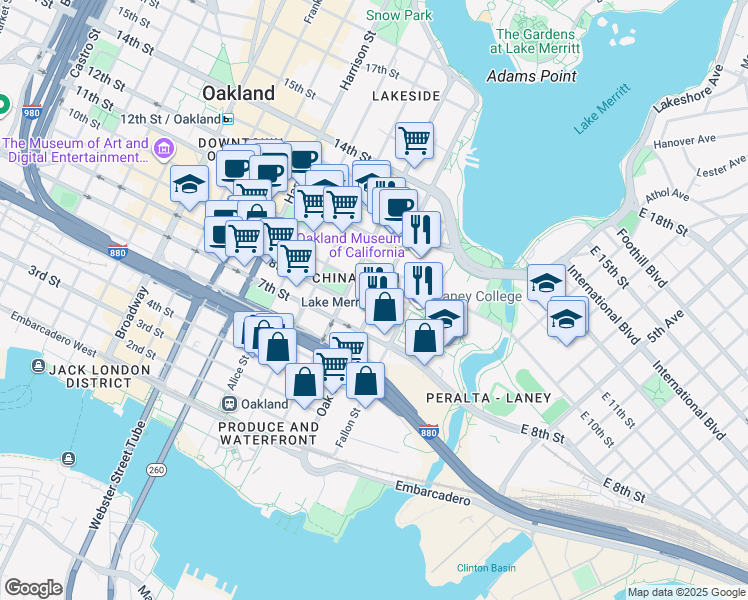 map of restaurants, bars, coffee shops, grocery stores, and more near 800 Madison Street in Oakland
