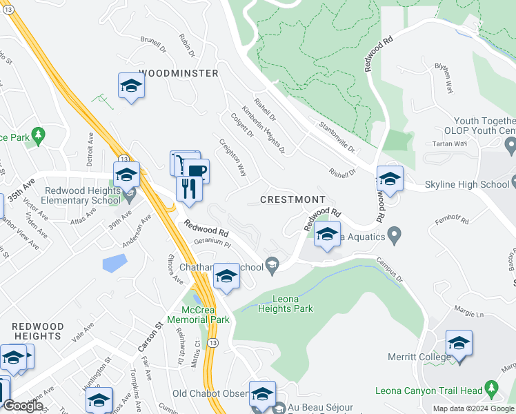 map of restaurants, bars, coffee shops, grocery stores, and more near 27 Teralynn Court in Oakland