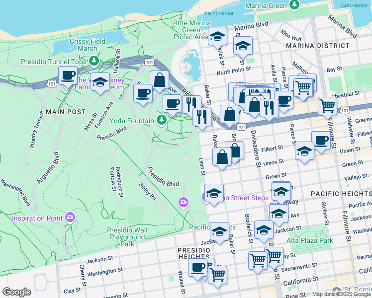 map of restaurants, bars, coffee shops, grocery stores, and more near 569 Ruger Street in San Francisco