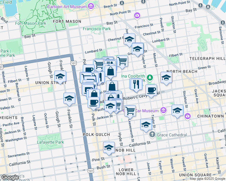 map of restaurants, bars, coffee shops, grocery stores, and more near Hyde St & Vallejo St in San Francisco