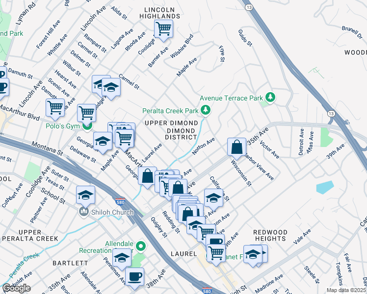 map of restaurants, bars, coffee shops, grocery stores, and more near 3815 Silverwood Avenue in Oakland