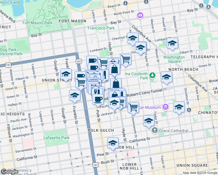 map of restaurants, bars, coffee shops, grocery stores, and more near 1378 Vallejo Street in San Francisco