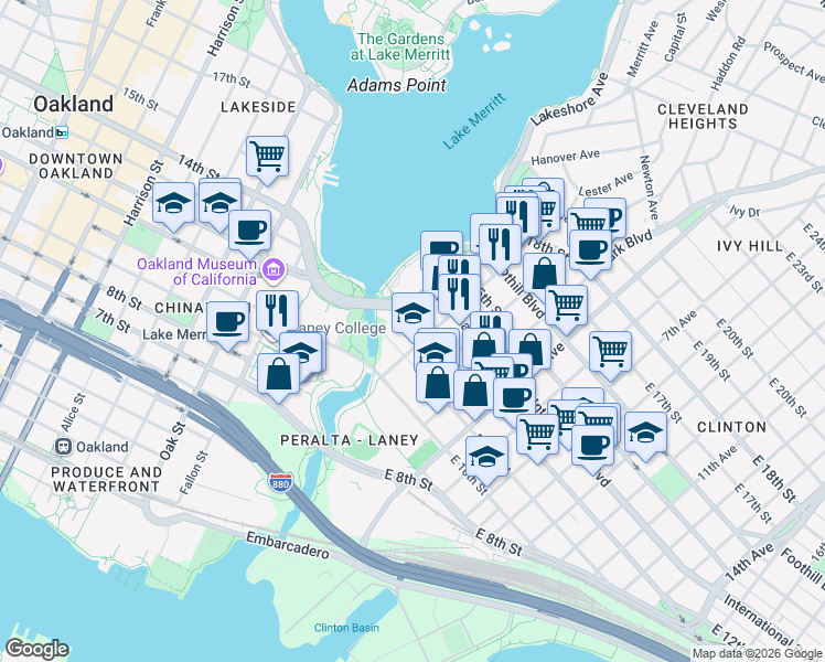 map of restaurants, bars, coffee shops, grocery stores, and more near 250 2nd Avenue in Oakland