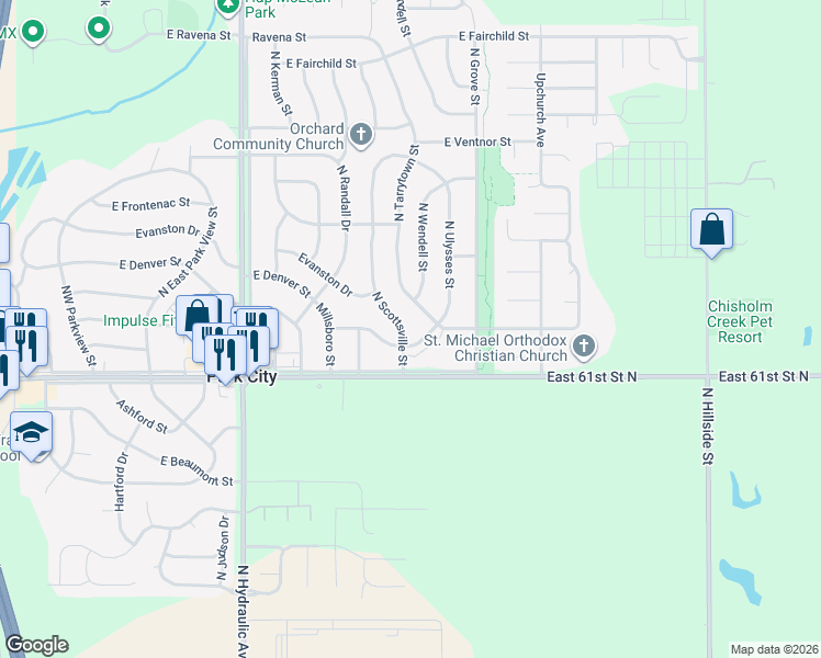map of restaurants, bars, coffee shops, grocery stores, and more near 6310 N Scottsville St in Park City