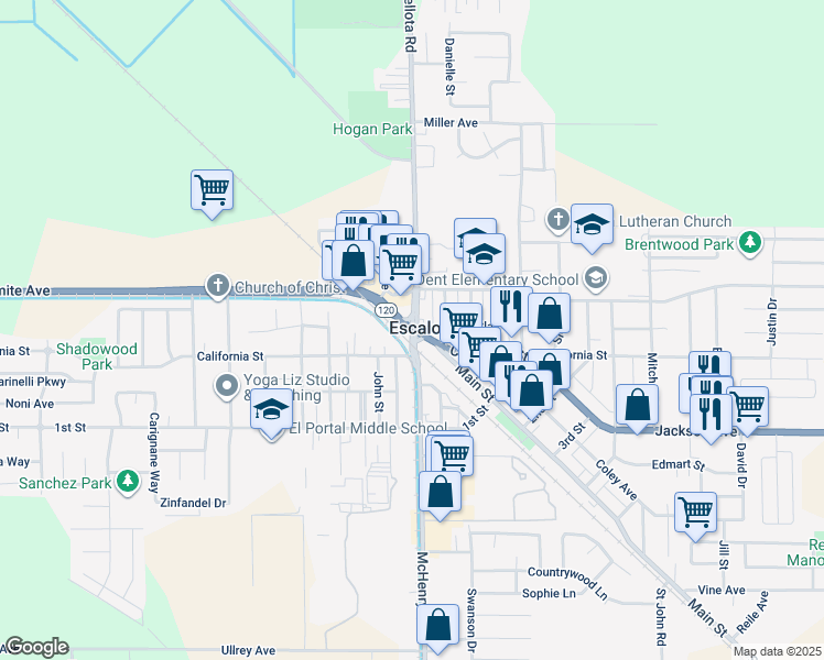 map of restaurants, bars, coffee shops, grocery stores, and more near 2507 Escalon-Bellota Road in Escalon