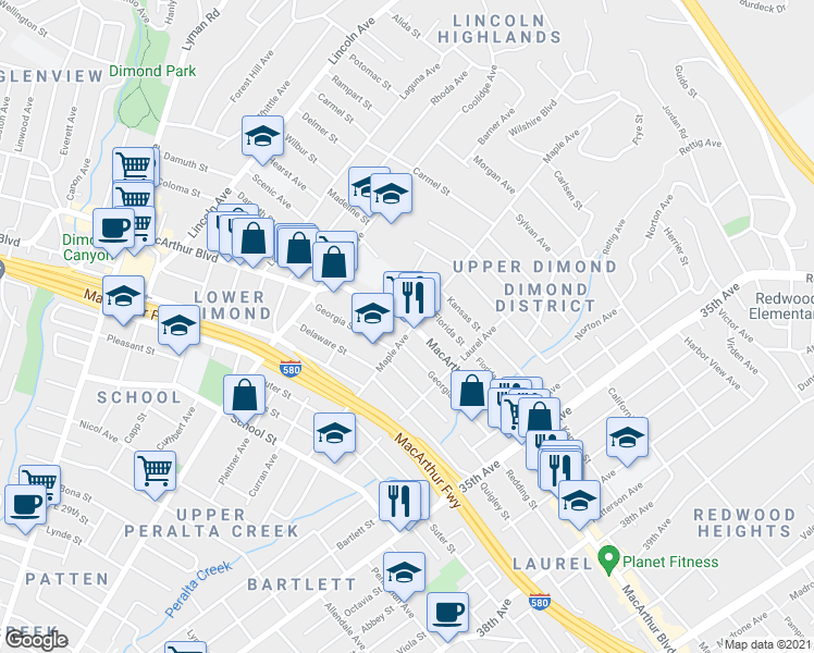 map of restaurants, bars, coffee shops, grocery stores, and more near 2979 MacArthur Boulevard in Oakland