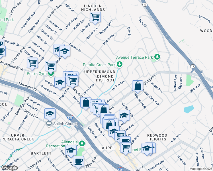 map of restaurants, bars, coffee shops, grocery stores, and more near 3815 Silverwood Avenue in Oakland