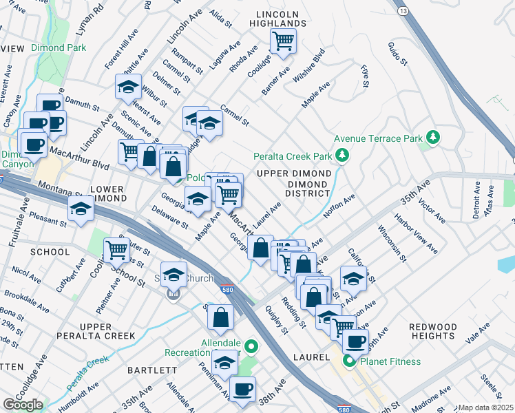 map of restaurants, bars, coffee shops, grocery stores, and more near 3059 Florida Street in Oakland