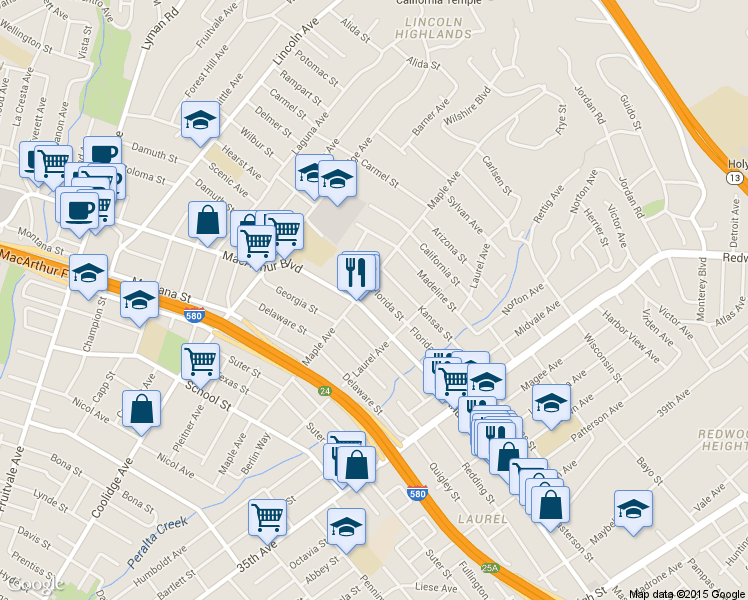 map of restaurants, bars, coffee shops, grocery stores, and more near 3059 Florida Street in Oakland