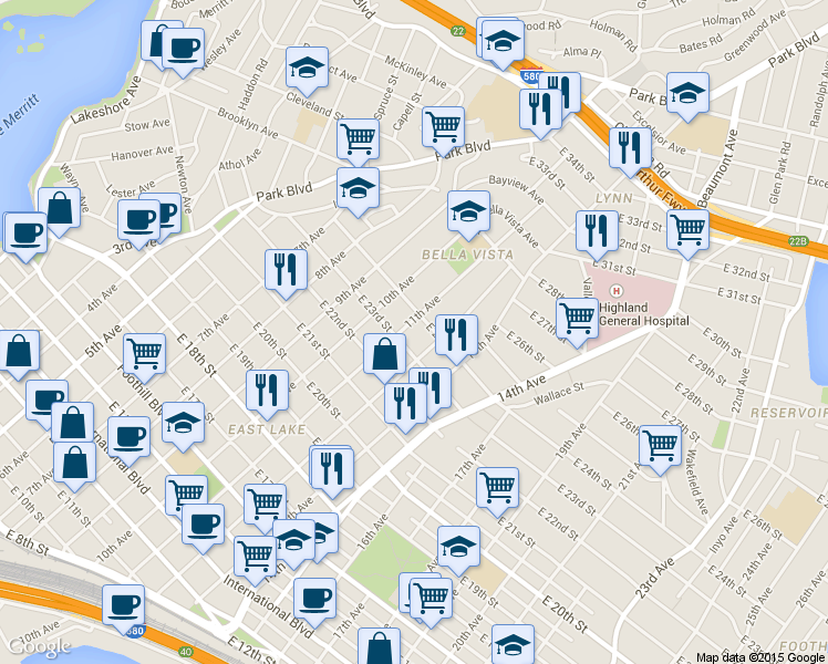 map of restaurants, bars, coffee shops, grocery stores, and more near 2321 12th Avenue in Oakland