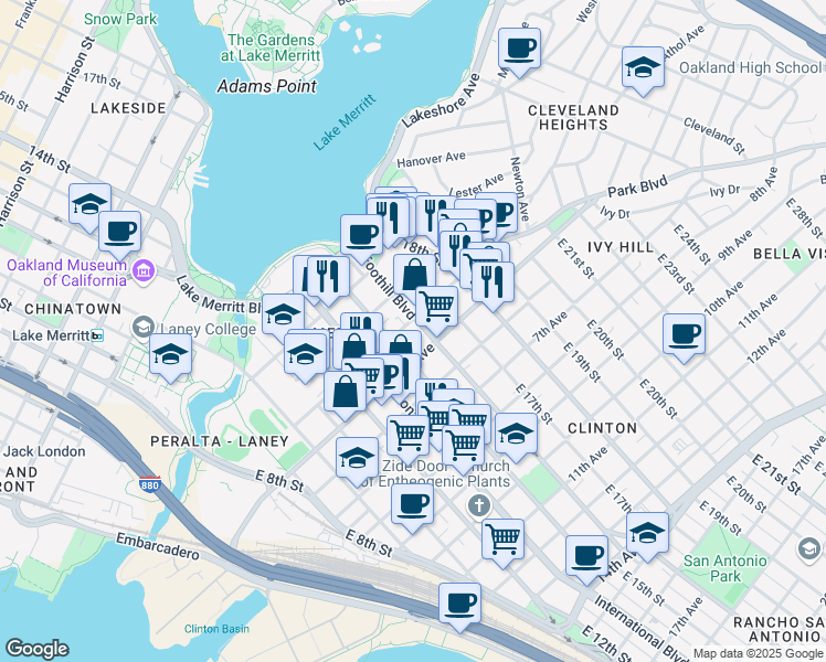 map of restaurants, bars, coffee shops, grocery stores, and more near 428 East 15th Street in Oakland