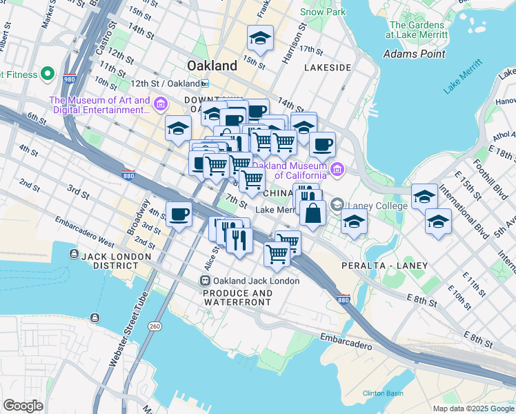 map of restaurants, bars, coffee shops, grocery stores, and more near 602 Jackson Street in Oakland