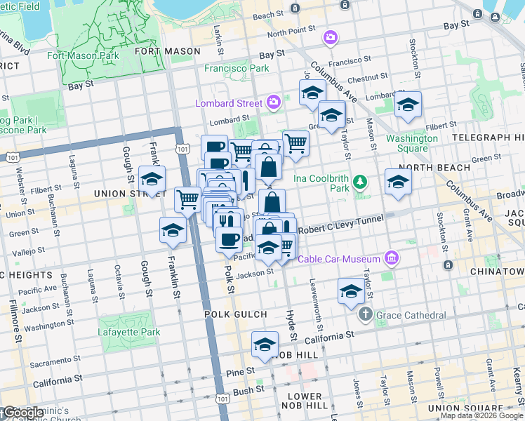 map of restaurants, bars, coffee shops, grocery stores, and more near 1355 Vallejo Street in San Francisco