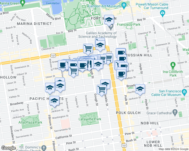 map of restaurants, bars, coffee shops, grocery stores, and more near in San Francisco