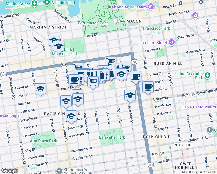 map of restaurants, bars, coffee shops, grocery stores, and more near 1779 Green Street in San Francisco